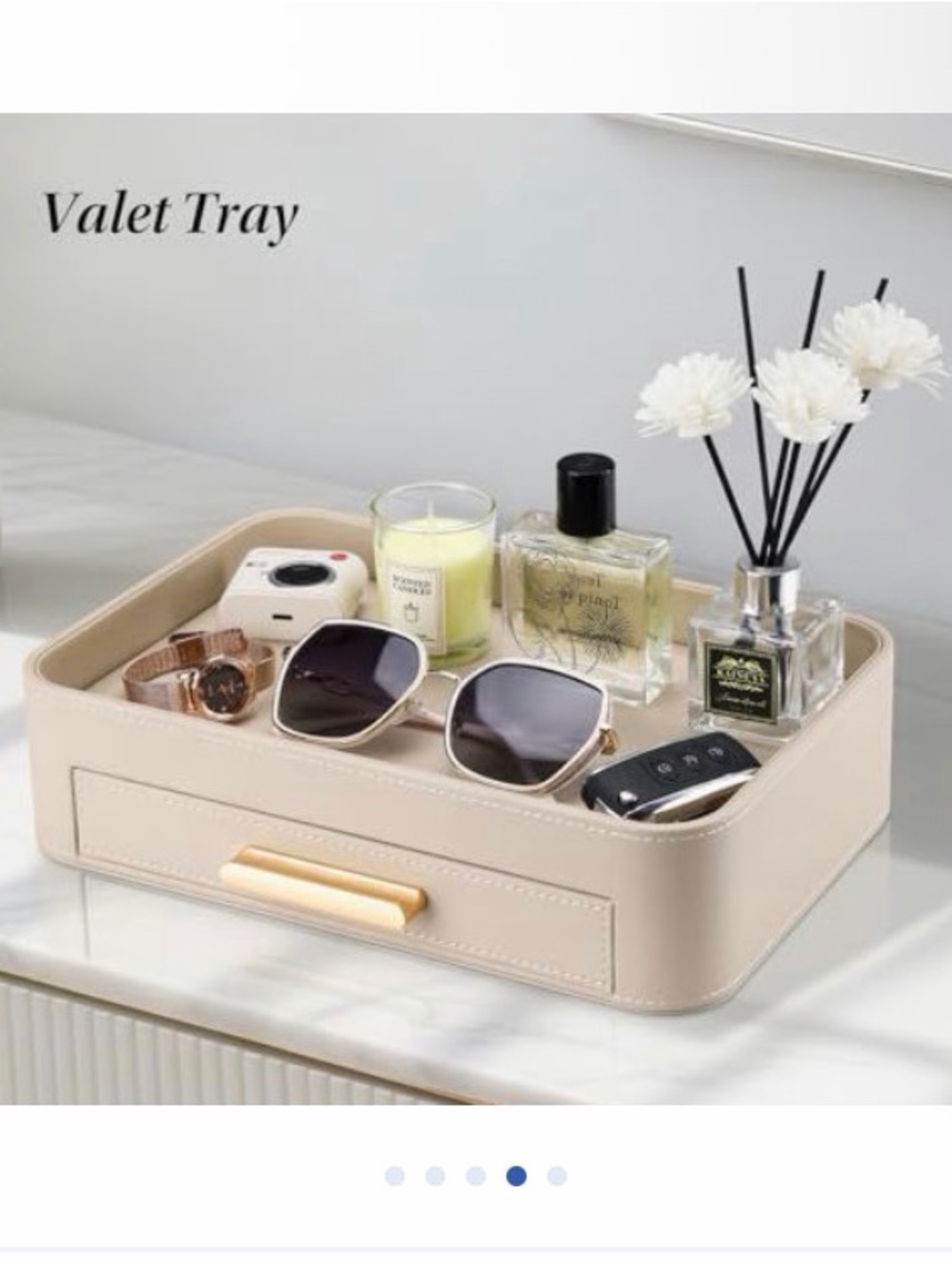 Beige Leather Valet Tray with Gold Handle